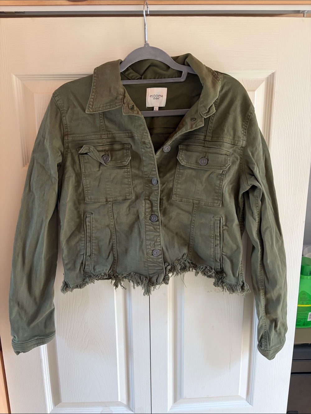 Modern Lux Olive Green Frayed-Hem Cropped Jean Jacket